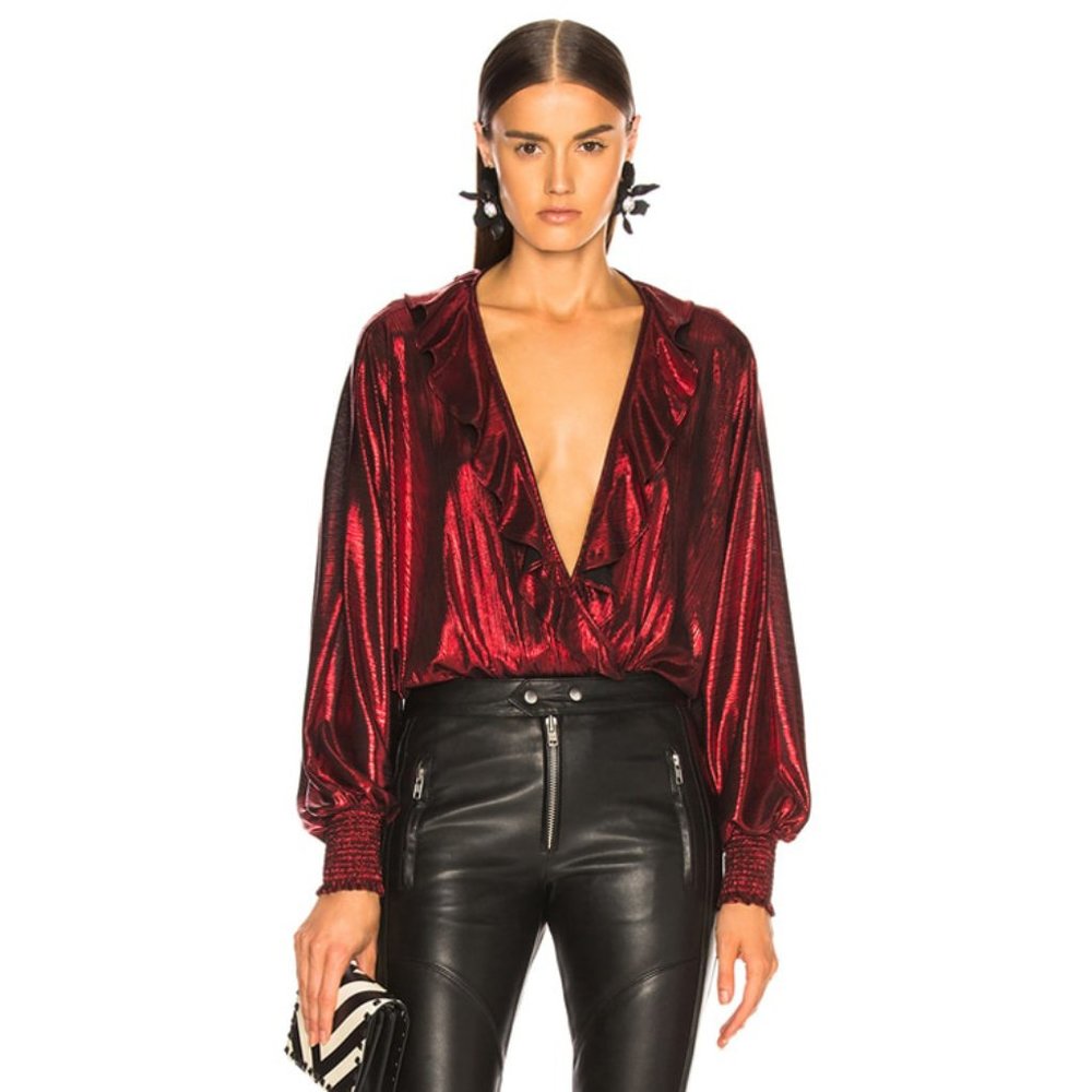 Retrofete Red Metallic Fiona Ruffle Bodysuit S